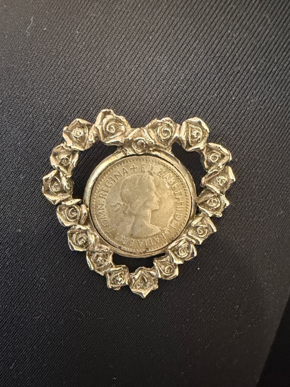 Estate Rare 1953 Queen Elizabeth Pence Heart Rose Coin Pendant